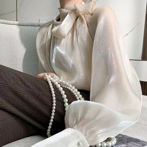 Automne Vintage Satin soie chemise femmes mode Blouse élégant col rabattu femme blanc à manches longues dessus de chemise 240130