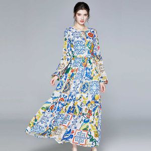 Herfst Vintage Vrouwen Maxi Party Jurk Lantern Sleeve Bloemenprint Lange Tuniek Strand Refatie Vakantiekleding 210529