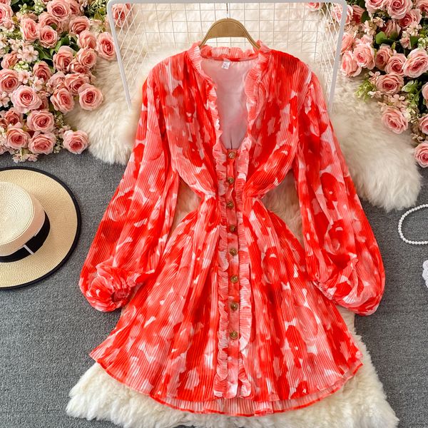 Otoño Vintage mujeres plisado gasa Mini vestido elegante con cuello en V drapeado solo pecho volante Vestidos Sexy fiesta bata 362