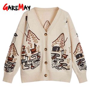 Herfst Warm Cardigan met knopen Oversize Winter Wit Print Losse Dames Gebreide jas Trui Borduurwerk 210428