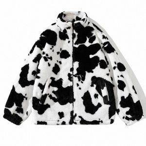 Automne chaud peluche veste hommes vache taches motif doux manteau à glissière Fi rue vêtements coupe-vent vêtements hauts mâle femme g3nS #