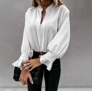 Otoño blusa blanca mujer moda con cuello en v volante manga larga elegante oficina señoras camisas tallas grandes tops casuales y femme 220310