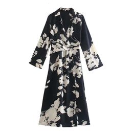 Robe à manches longues pour femmes, vent d'automne, imprimé de fleurs noires et blanches