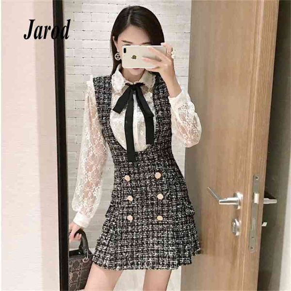 Automne hiver 2 pièces ensemble robe femmes volants nœud chemise haut en dentelle + Double boutonnage Plaid Tweed gilet 210519