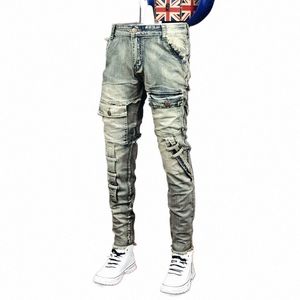 Automne Hiver 2022 Nouveau Denim cassé Jean Patch pour hommes Pieds minces Fi Rétro Cargo Pantalon Vintage Pantal Skinny Homme Jeans M0dm #