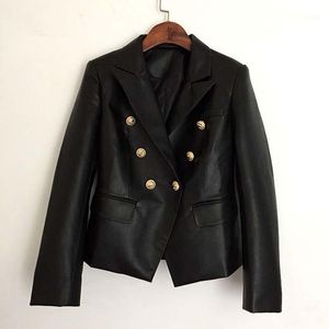 Chaqueta negra de pasarela para mujer, abrigo exterior de cuero sintético con botones de Metal de León y doble botonadura, Otoño e Invierno 2022