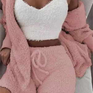 Herfst Winter 3 Stuk Pluizige Outfits Pluche Sexy Backless Fleece Pyjama Casual Sport Sweatshirt Homewear Sets Trainingspak 220326