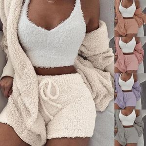 Automne Hiver 3 pièces Fluffy Ensemble En Peluche Sexy Dos Nu Laine Vêtements De Nuit Femmes Loisirs Sports Pull Famille Vêtements Ensemble Survêtement 240217