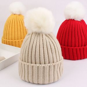 Otoño Invierno Bebé Niños Sombrero de punto Bola de lana Gorra de calavera Niñas Niños Gorros Niños Sombreros Fit 1-6T