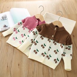 Otoño Invierno Ropa para bebés pequeños Suéteres para niñas Suéter de punto Cárdigan Manga larga Lindo abrigo de cereza para niñas Chaqueta para niños Ropa de abrigo para niños