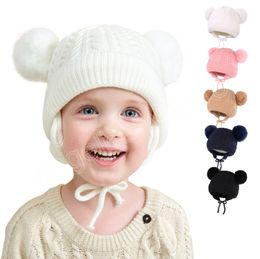 Automne Hiver Bébé Twist Bonnet Tricoté Mignon Double Boule De Poils Doublé En Peluche Coupe-Vent Oreille Chaud Caps Infant Outdoor Hat Enfants Chapeau