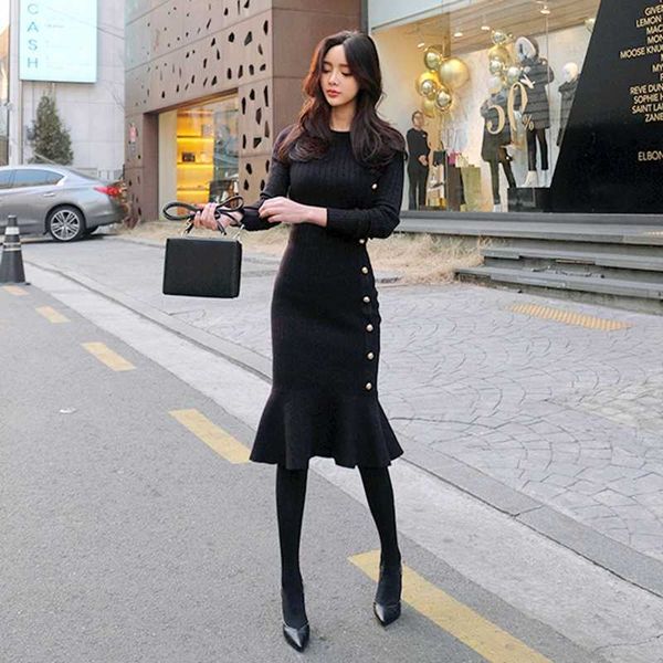 Otoño Invierno negro elegante Midi tejido suéter vestido mujer tejido ceñido al cuerpo volantes botón de un solo pecho sirena 210529