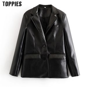 Autumn Winter Black Leather Jacket Office Lady Knop Jacket Women High Street Moto Biker Style Coat LJ200813