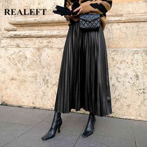 Otoño Invierno negro PU-falda plisada de cuero de mujer de cintura alta de moda All-match A-Line mi-long Mujer 210428