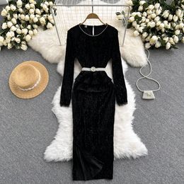 Robe longue fourreau en velours noir/rouge pour femme, élégante, col rond, manches longues, taille haute, Robe de soirée Maxi, automne hiver 2022