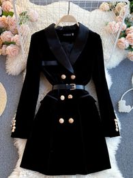 Automne hiver noir velours Blazer manteau femmes à manches longues Double boutonnage cranté costume veste bureau dames ceinturé mince vêtements d'extérieur 240127