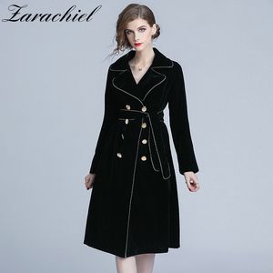 Automne hiver noir velours manteau femmes col cranté or Double boutonnage avec ceinture épais chaud Trench Outwear 210416