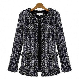 Herfst Winter Zwart Wit Plaid Losse Korte Jas Vrouwen Vintage O Hals Lange Mouw Tassel Tweed Plus Size Dames Jas 210526