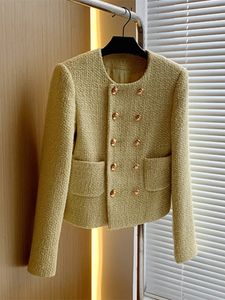 Herfst Winter Merk Luxe Tweed Korte Jas Jas Vrouwen Elegante Franse Gouden Double Breasted Wollen Pak Casaco Uitloper 240113