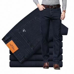 Autumn Winter Gloednieuwe High Taille Jeans Classic Busin Casual Office Men's Fi Stretch Slim Denim Jeans Navy Blue Y7FD#