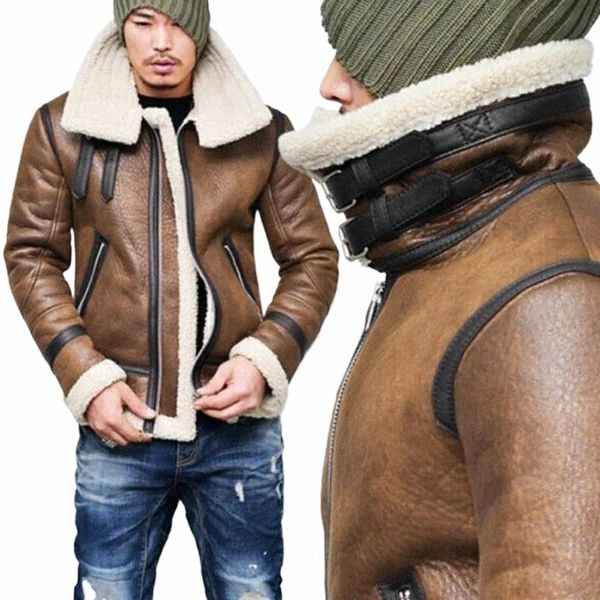 Otoño invierno estilo británico hombres chaquetas abrigo 2023 streetwear cálido oso de peluche hombres abrigo cuello alto imitación cuero cremallera outwear u0fE #