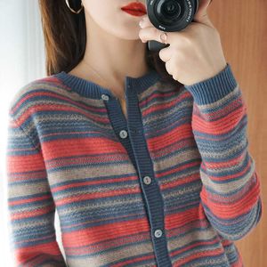Automne hiver cardigan femmes Style coréen O cou cachemire Cardigan femmes laine tricoté pull rayé manteau 210922