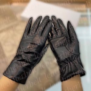 Herfst Winter Kasjmier Handschoenen Luxe Dames Zwart Lederen Wanten Designer Brief Holle Vijf Vinger Handschoenen