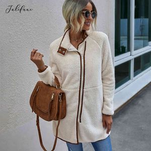 Herfst Winter Casual Long Jacket Teddy Bear Coat Lange mouw Patchwork Tops Faux bont Zip Up Outsear Fall Dessen voor vrouwen 210415