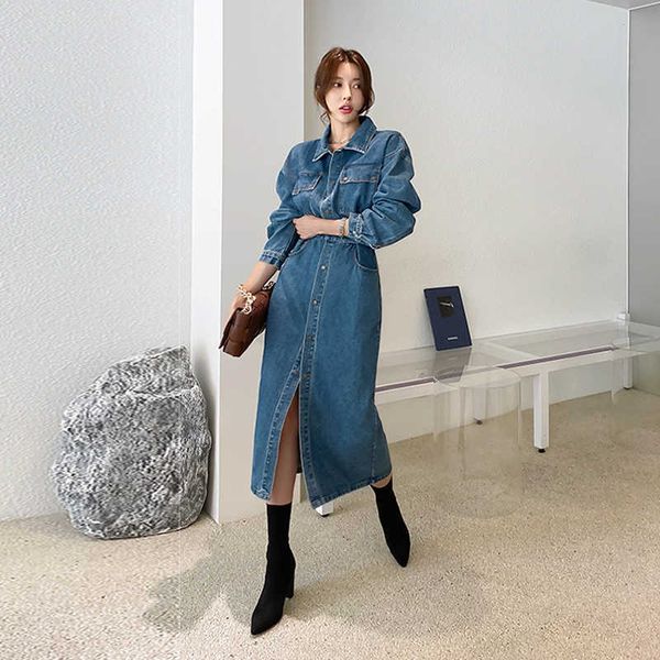 Automne Hiver Casual Manches Longues Lavé Denim Robe Femmes Slim Taille Chemise Streetwear Mode Jean es 210529