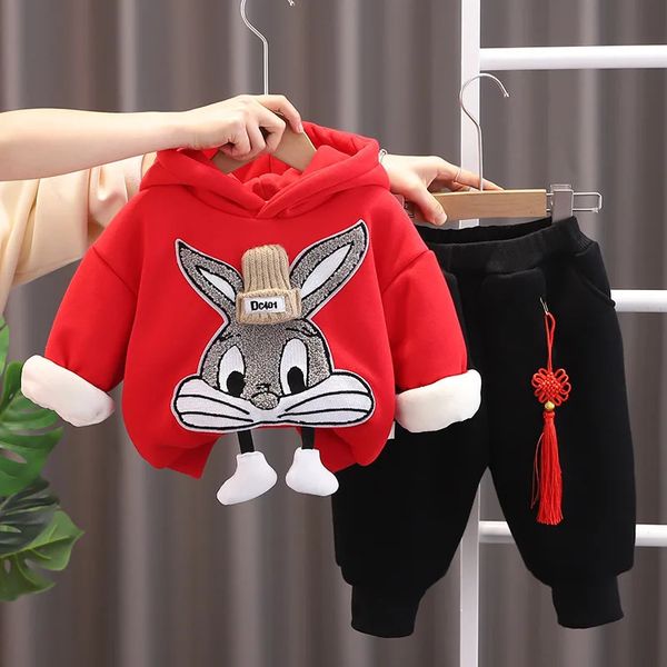 Automne hiver enfants garçon 2 pièces ensemble de vêtements dessin animé chat velours sweats à capuche solide épais Jogger pantalon enfant garçon costume bébé garçon tenue 240108