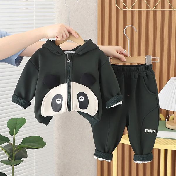 Outono inverno crianças menino 2 pçs conjunto de roupas dos desenhos animados panda outwear hoodies carta impressão calça bebê menino roupa crianças menino ternos 240117