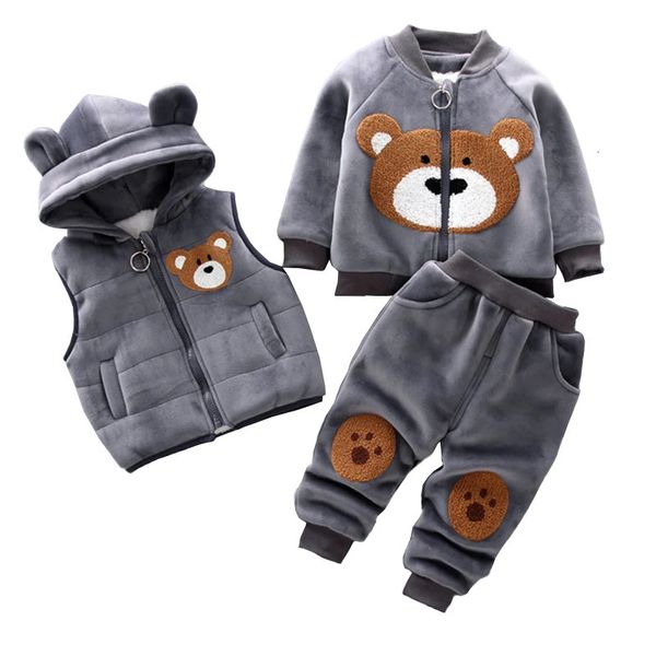 Automne hiver enfants vêtements ensemble bébé filles dessin animé épais polaire sweats à capuche gilet pantalon 3 pièces costumes de sport garçon décontracté tenues chaudes 240122