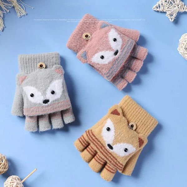 Otoño invierno niños guantes de punto Flip sin dedos lindo dibujos animados cálido medio dedo 231226