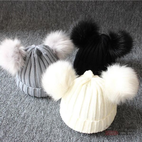 Automne hiver enfants laine bonnet tricoté double balle imitation fourrure de renard chapeau garçons et filles chapeaux chauds enfants bonnets casquette