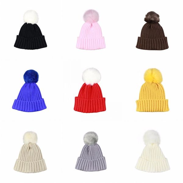 Bonnet en laine pour enfants automne hiver épaissie couleur bonbon boule de laine chapeau de laine protection des oreilles chaude bonnet tricoté pour garçons et filles bébé pull bonnet petit ba055 E23