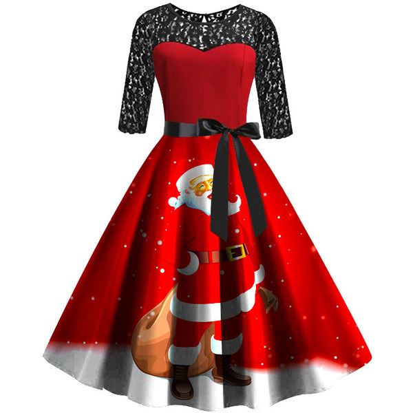 Otoño Invierno vestido de Navidad mujeres Sexy encaje Patchwork cuello redondo media manga Santa Claus estampado arco gran columpio vestido de fiesta de Navidad 210507