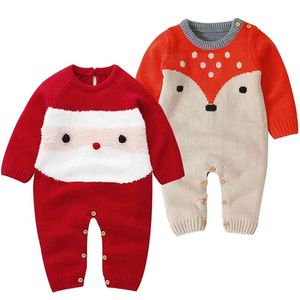 Herfst winter kerst trui sneeuwpop vos geboren baby meisje jongen kleding wol gebreide dikke romper jumpsuit warme outfit 210417