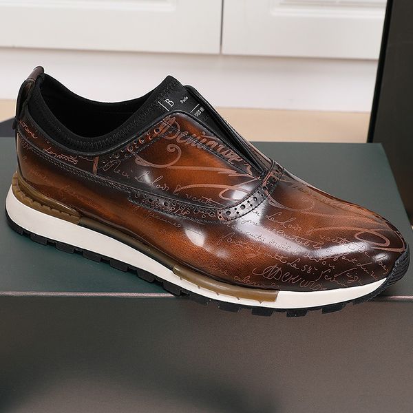 Automne hiver classique marque de luxe chaussures en cuir patine méthode ancienne teint marbre brillant à la main en cuir de vache broderie TPU semelle extérieure hommes luxe baskets décontractées