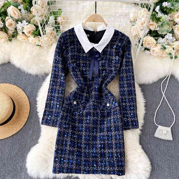 Automne Hiver Classique Plaid Bowknot Décoré Tweed Robe Féminine Style Britannique Court Hanche Femme UK563 210506