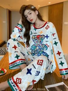 Automne hiver couleur ours velours doré pyjamas femmes ensemble coréen cheveux pantalon maison vêtements col rond Premium sens 240201