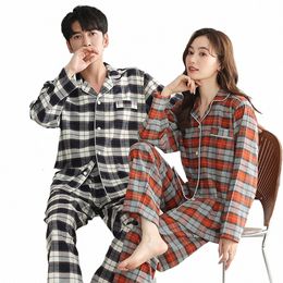 Herfst Winter Comfortabele 100% Cott Pyjama Set voor Koppels Dubbellaags Gaas Plaid Paar Nachtkleding Zachte Losse pijama hombre K7lF #