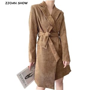 Automne hiver velours côtelé cravate nœud Trench femmes élégantes revers à manches longues Slim Fit irrégulière manteau vêtements d'extérieur 210429