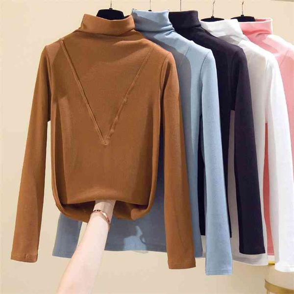 Otoño Invierno Camiseta de algodón de manga larga de cuello alto T mujeres Tops moda trabajo Blusa Camiseta suelta Camiseta Mujer 210507