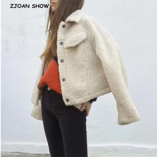 Otoño invierno rizado faux cordero chaqueta de piel marfil vintage mujeres manga larga peludo abrigo de un solo pecho ropa exterior corta 210429