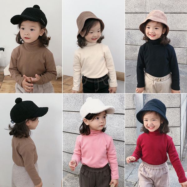 Otoño invierno lindas niñas 6 colores color sólido lana lycra cuello alto camisetas niños base de algodón puro tops ropa 210508