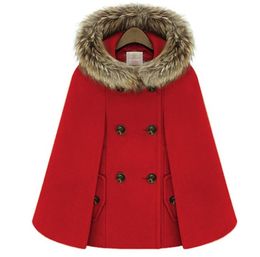 Autumn Winter Doble Breaded Cloak Cape Woolen Coat Women Red Fur con capucha Tweed Poncho espeso manga de bateo tibia