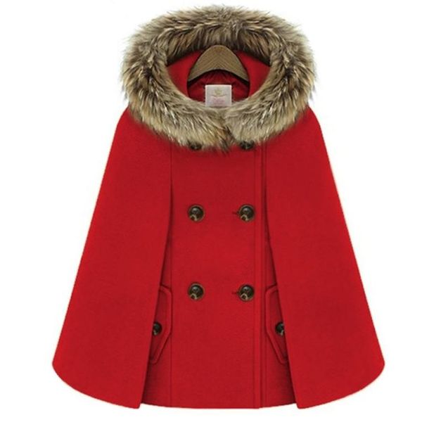 Otoño Invierno capa de doble botonadura capa abrigo de lana mujeres piel roja con capucha Tweed Poncho grueso cálido manga de murciélago prendas de vestir sueltas LJ3665897
