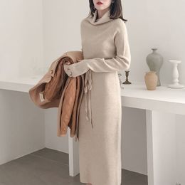 Herfst-winter jurk vintage lange mouw warme mode turtelneck trui elegante kantoor oversized gebreide 210514