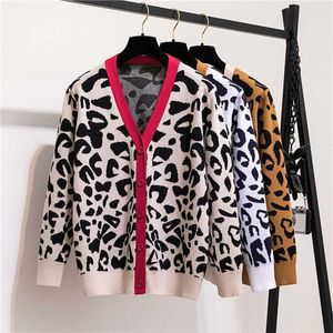 Herfst Winter Elegante Sexy V-hals Cadigans Leopard Single-Breasted Sweaters Dames Koreaanse stijl 210529