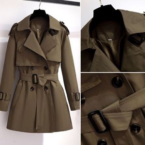 Automne hiver femmes élégantes Double boutonnage solide court Trench manteau 100% coton Vintage col rabattu lâche Trench coupe-vent avec ceinture